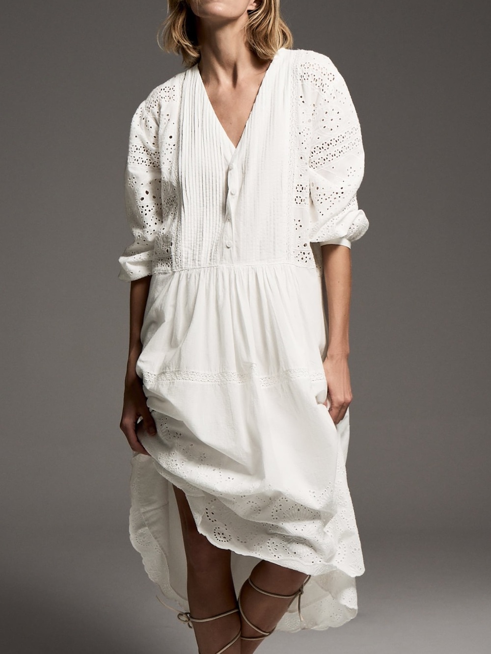 Zara White Eyelet Embroidered Boho Romantic Maxi Dress XS Cottagecore